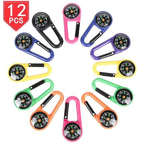 PROLOSO 12 Pack Carabiner Compasses for Kids Assorted Colors Belt Clips School Prizes Party Favors
