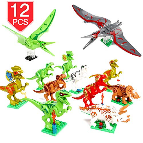 PROLOSO Dinosaur Building Blocks Mini Plastic Dinos Figures Playset Dino Brick Toys Action Figures for Party Favors 12 Pcs