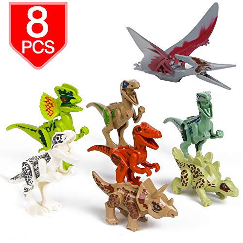 PROLOSO 8 Pcs Dinosaur Building Blocks Figure Toys Plastic Dinos Playset Mini Dinosaur Action Figures Dino Brick Toys for Kids Party Favors