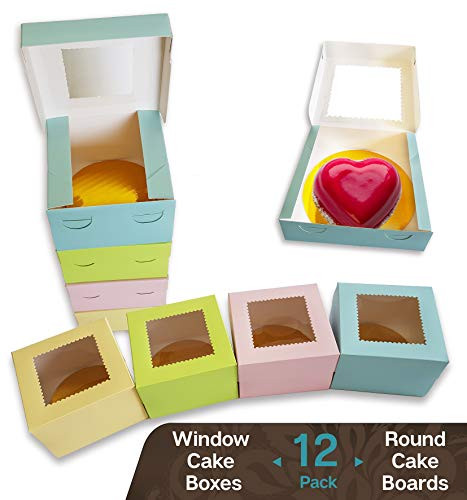 CooKeezz Couture - Window Cake Boxes 4" L x 4" W x 2.5" H Size,Bakery Box Auto Popup Great for Gifts,Cupcake Muffins and Cookies -12 Pack Boxes in 4 Pastel Colors Included with 12 Round Cake Boards