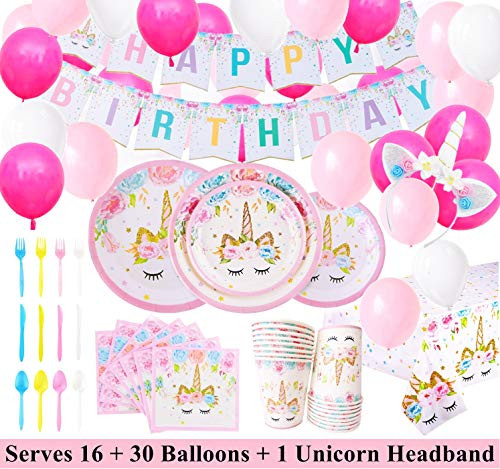 Unicorn Party Supplies Set with BONUS Glittery Unicorn Headband and 30 Balloons | 145 Piece Disposable Unicorn Themed Birthday Party Supplies and Decorations | Serves 16 Guests