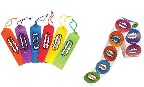 Superhero Party Favors - 1 Dozen (12) Award Ribbons & 100 Stickers - Recognition/Student Reward/Classroom/Teacher