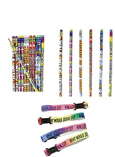 36pce. Religious"Jesus Loves Me Favors" - 24 Jesus Loves me Pencils & 12 WWJD Clasp Bracelets - CLASSROOM Rewards TEACHER VBS Education GOD -