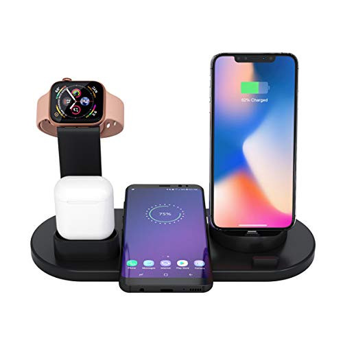 4 in 1 Wireless Charging Dock Qi Wireless Charger Stand, Desk Organizer for iPhone/iWatch/Airpod, Fast Charging Station for iWatch Series 1-4 and Airpods, 3 Style of Charging Interface.