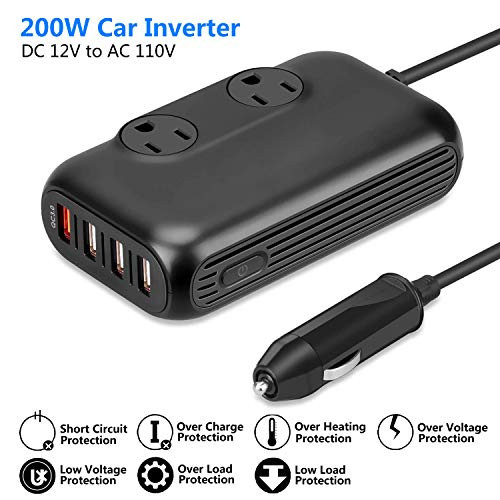 200W Car Power Inverter DC 12V to 110V AC Converter 4.8A with QC 3.0 USB Car Adapter Charger