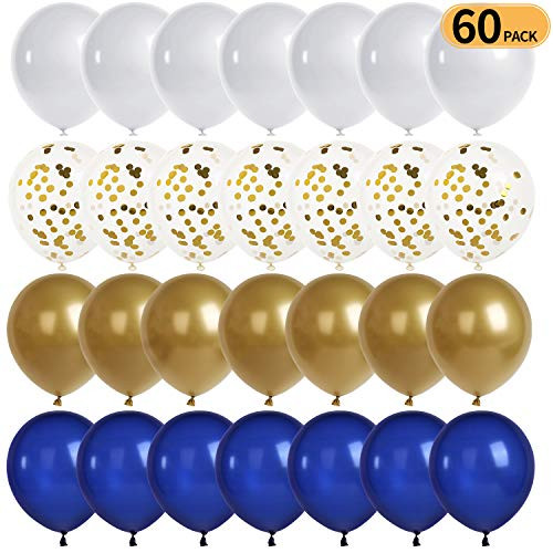 Navy Party Balloons 60 pcs 12 inch-Metallic Sea Blue/Pearl White/Gold Metallic Chrome and Gold Confetti Balloons for Boys Birthday Party Baby Shower Navy Party Decoration