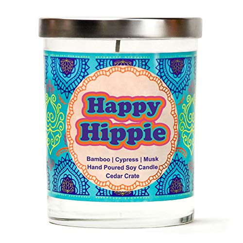 Happy Hippie | Bamboo, Cypress, Musk | Luxury Scented Soy Candles |10 Oz. Jar Candle | Made in The USA | Decorative Aromatherapy for Women | 30th Birthday Gifts for Women | Funny Candle Gifts