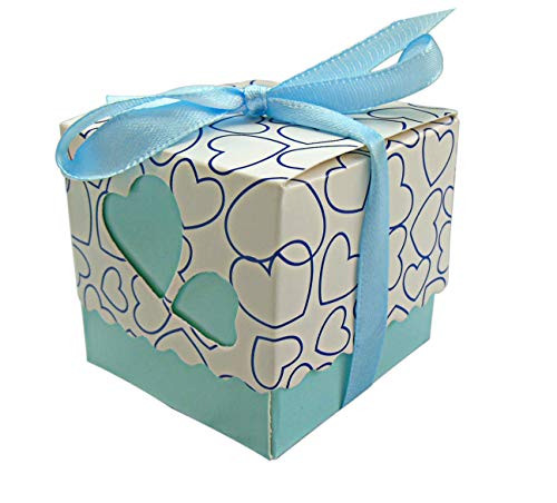 Lontenrea 50 Pcs Candy Boxes Hollow Heart Wedding Birthday Party Favor Gift Box with Ribbons (Blue)