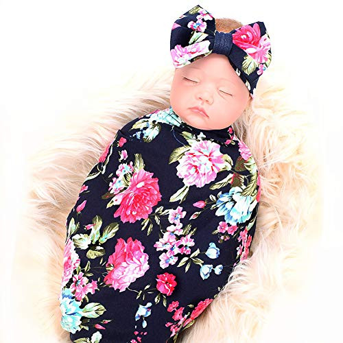 Newborn Baby Swaddle Receiving Blanket Headband Set Shower Gift for Infant Boys Girls Dark Blue