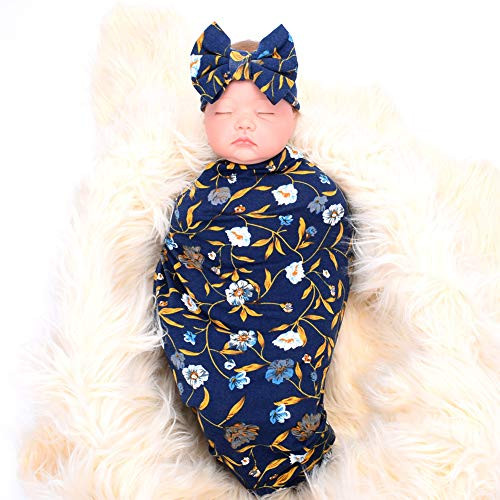 Newborn Swaddle Blanket Headband Set Shower Gift Dark Blue