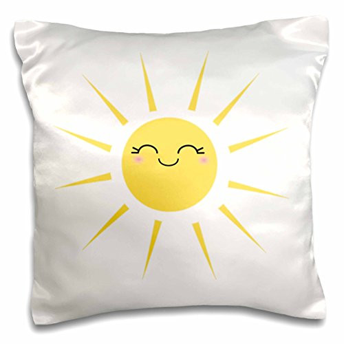 3D Rose Smiling Happy Sun-Cute Kawaii Yellow Sunny Smiley Face-Summery Sunshine On White-Sweet Summer Design Pillowcase 16" x 16"