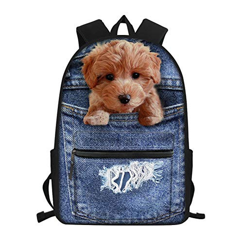 Coloranimal Children Kids Backpack Kawaii Blue Denim Poodle Dog Printed Laptop Bookbags Casual Shoulder Daypack