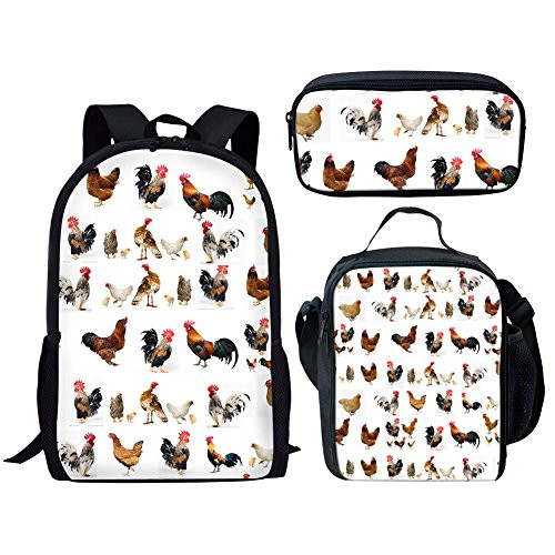 Coloranimal Children School Bag Set 3 Pcs Bookbags Funny Cartoon Chicken Pattern Shoulder Bagpack with Insulated Lunch Box Pencilcase