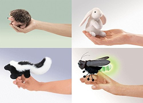 Folkmanis Finger Puppet Set, Hedgehog, Lop Ear Bunny, Skunk and Firefly