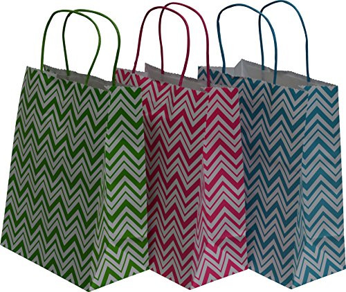 Medium Kraft Gift Bag, New Chevron Design, 3 packs bulk set of 24 bags (Multi Colored, Medium 8" x 10" x 4")