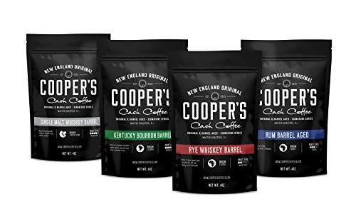 Bourbon, Whiskey & Rum Barrel Aged Coffee, 4 Bags Gift Box Coffee Sampler Set 16oz - Single Origin Sumatra Whiskey, Ethiopian Rye, Rwanda Rum Roasted Coffee Beans, Total 16oz