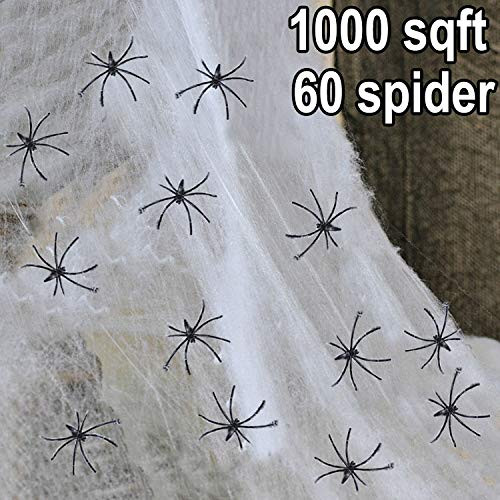 Halloween Fake Spider Web with 60 Fake Spiders Super Stretch to 1000 Square Feet Cobweb Set for Outdoor and Indoor Halloween Decor Spiderwebs and Cobwebs