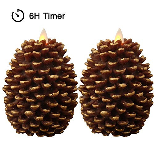 Wondise Pine Cone Flameless Flickering Candles with 6 Hour Timer, Set of 2 Battery Operated LED Moving Wick Real Wax Christmas Decoration Candles(3.5 x 4.7 Inches, Brown)