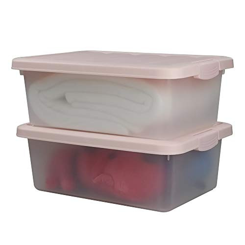 Wekiog Versatile Storage Organizer Plastic Bins with Lids, Pink, 14 Quart, Set of 2
