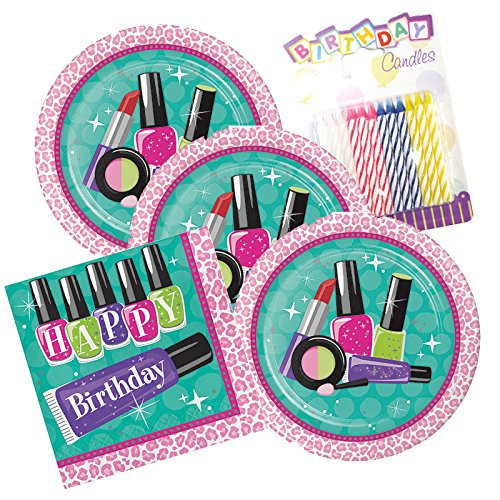 Teen Sparkle Spa Happy Birthday Theme Plates and Napkins Serves 16 With Birthday Candles