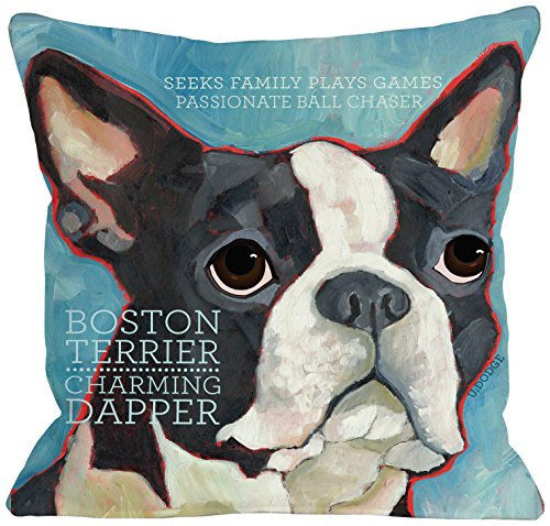 One Bella Casa Boston Terrier 1 Throw Pillow Cover by Ursula Dodge, 18"x 18", Blue