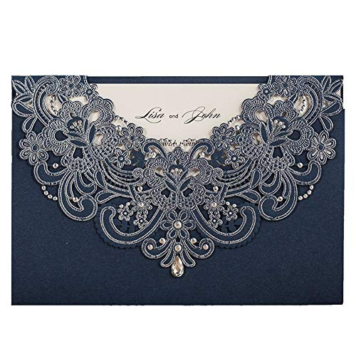 WISHMADE 50pcs Navy Blue Laser Cut Flora Lace Wedding Invitations Cards with Rhinestone for Birthday Baby Shower Engagement Wedding invites and Envelopes (Pack of 50pcs)