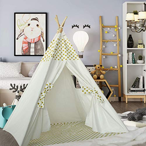 Kids Teepee Tent for Girls Baby Play Teepee for Toddlers Indian Portable Canvas Teepee with Polka Dot Mat for Indoor Outdoor Playhouse