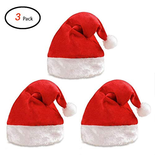 Santa Hats for Adults with Plush Trim Classic Red Christmas Hat for Kids Velvet Santa Costume Hat (3 Pack)