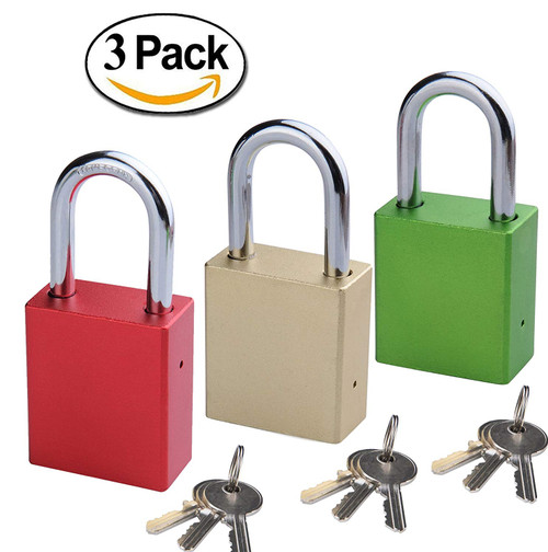 SEPOX Solid Aluminum Safety Padlock Keyed Alike 1-1/2' (38mm) Wide with 1.57''(40mm) Hardened Steel Tall Shackle Brass Cylinder Three Colors Pack of 3