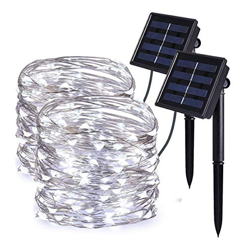 Solar String Lights outdoor 66ft 8 Modes Copper Wire Lights 200 LED fairy Lights Waterproof Decoration for Patio Yard Party Wedding party Garden solar string lights(2 PACK-COOL WHITE)