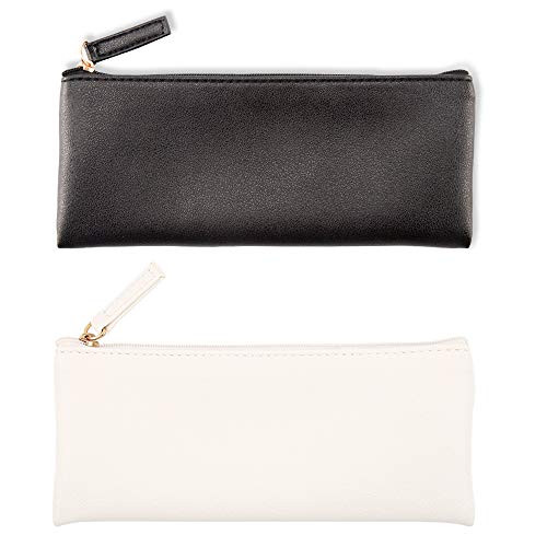 EONMIR PU Leather Pencil Case Pouch Bag,Small Simple Pencil Pouch,Makeup Pouch for Girls,Boys,School,Office(Black+White)