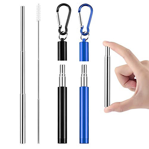 Reusable Collapsible Straw, 2019 New Telescopic Stainless Steel Metal Straw with Aluminum Case & Cleaning Brush & Keychain, Portable Reusable Drinking Straws for Travel, Home, Office. (BK+BE(2Pack))