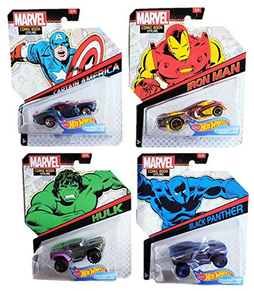 Hot Wheels Marvel Comic Book Styling Bundle of 4: Captain America, Iron Man, Hulk and Black Panther