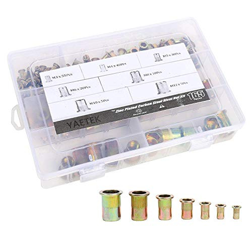 YaeGarden 165 Pcs Rivet Nut Kit Mixed Zinc Plated Carbon Steel Rivet Nut Threaded Insert Nutsert M3 M4 M5 M6 M8 M10 M12 Nutsert Assortment Set Kit