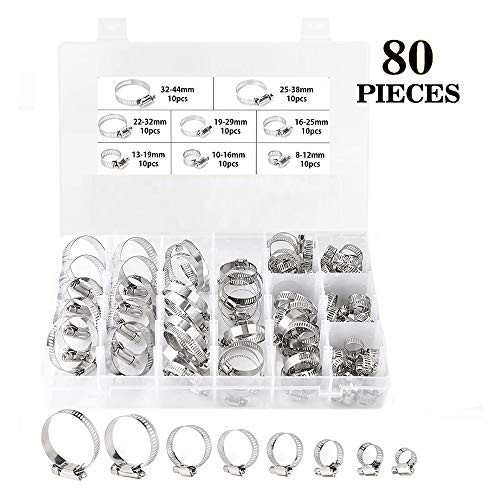 80Pcs 304 Stainless Steel Single Ear Stepless Hose Clamps,Crimp Hose Clamp Assortment Kit Ear Stepless Cinch Rings Crimp Pinch Fitting Tools Perfect for Automotive, Home Appliance Line