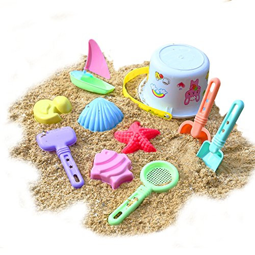 Zooawa Beach Sand Toy Set for Kids, Beach Bucket Sand Models Play Kits Summer Playing Molds Pail Sets Include White Bucket, Rake, Shovels, Sand Models, Colorful