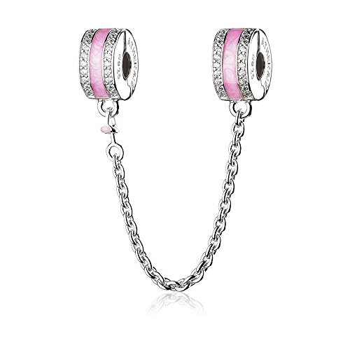 ATHENAIE 925 Sterling Silver Clear CZ Pink Enamel Shining Path Safety Chain Fit European Bracelets