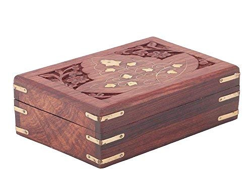 IndiaBigShop Handcrafted Decorative Wooden Jewelry Trinket Box Organizer with Floral Carvings Brass Inlay and Velvet Interiar IndiaBigShop Handcrafted Decorative Wooden Jewelry Trinket Box Organizer with Floral Carvings Brass Inlay and Velvet Interiar