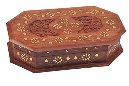 IndiaBigShop Handmade Wooden Jewelry Box With Decorative Mughal Inspired Flower Brass Inlay / Carving Work and Velvet Interior Trinket Jewelry Box Organiser 10 Inch IndiaBigShop Handmade Wooden Jewelry Box With Decorative Mughal Inspired Flower Brass Inlay / Carving Work and Velvet Interior Trinket Jewelry Box Organiser 10 Inch