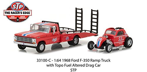 New 1:64 GREENLIGHT COLLECTION - H-D TRUCKS SERIES 10 - Red 1968 Ford F-350 Ramp Truck STP & Topo Fuel Altered Diecast Model Car By Greenlight New 1:64 GREENLIGHT COLLECTION - H-D TRUCKS SERIES 10 - Red 1968 Ford F-350 Ramp Truck STP & Topo Fuel Altered Diecast Model Car By Greenlight