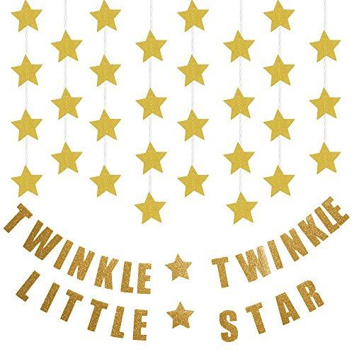 KUNGYO Gold Glittery Twinkle Twinkle Little Star Garland Baby Shower Birthday Party Decorations (3-Pack:1 Twinkle Twinkle Little Star+2Gold Star Garland)