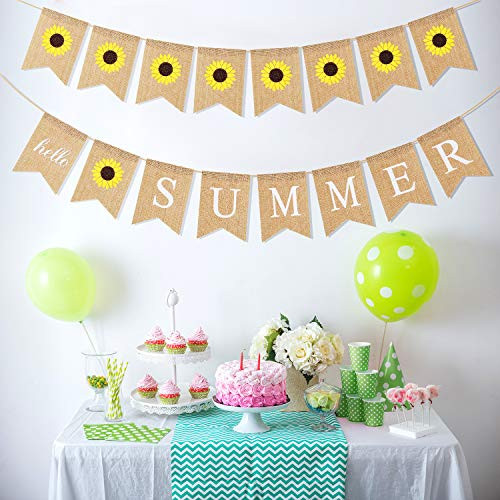 Yaomiao Hello Summer Burlap Banner Sunflower Banner Hello Summer Garland Bunting for Summer Hawaii Beach Party Decorations (2 Sets)