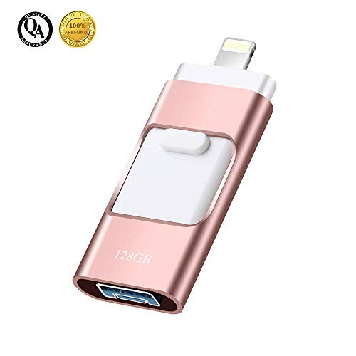 USB Flash Drive 128GB, USB 3.0 Memory Stick 128GB Data Storage External Flash Drive 3-in-1 Retractable Thumb Drives Jump Drives for iOS Phone/Android/PC (128GB Pink)