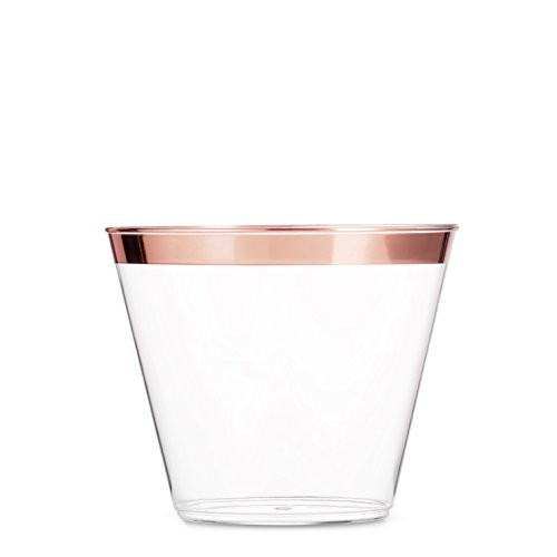100 Rose Gold Plastic Cups 9 Oz Clear Plastic Cups Old Fashioned Tumblers Rose Gold Rimmed Cups Fancy Disposable Wedding Cups Elegant Party Cups with Rose Gold Rim