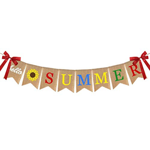 Hello Summer Banner Burlap,Summer Decorations, Sunflower, Pool Beach Barbecue Hawaiian Party Decor Supplies,Summer Party Banner and Party Supplies