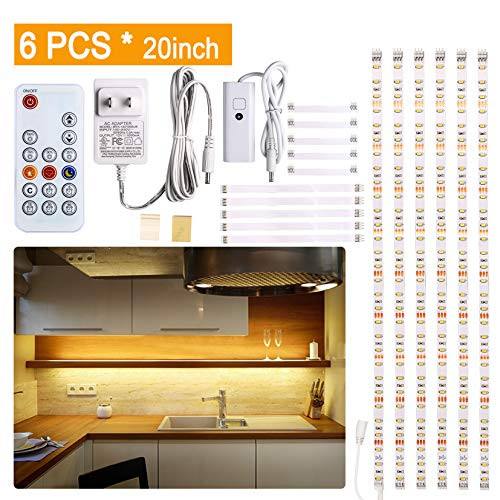 Under Cabinet LED lighting kit, 6 PCS LED Strip lights with Remote Control Dimmer and Adapter, Dimmable for Kitchen Cabinet,Counter,Shelf,TV Back,Showcase 6000K White, Super Bright 9.8 ft