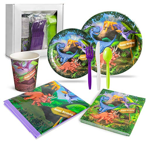 LHM Dinosaur Birthday Party Supplies for Boys and Girls (16 Guests Set) - Dinner and Dessert Plates, Paper Cups, Plastic Cutlery, Napkins and Plastic Tablecloth for a Dinosaur-Themed Birthday Event LHM Dinosaur Birthday Party Supplies for Boys and Girls (16 Guests Set) - Dinner and Dessert Plates, Paper Cups, Plastic Cutlery, Napkins and Plastic Tablecloth for a Dinosaur-Themed Birthday Event
