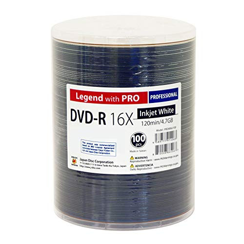 100 Pack DVD-R Legend with PRO TY-JDC 16X 4.7GB 120Min (MID TYG03) White Inkjet Hub Printable Blank Recordable Disc