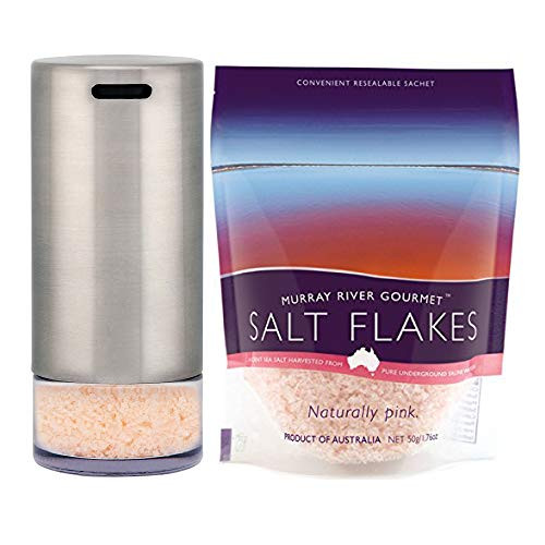 Eleganza Salt Shaker Stainless Steel  Self Closing Salt Flake Shaker with Murray River Salt Flakes 1.76oz | Salt Shaker for Cooking, Baking, Travel, Camping & Restaurants
