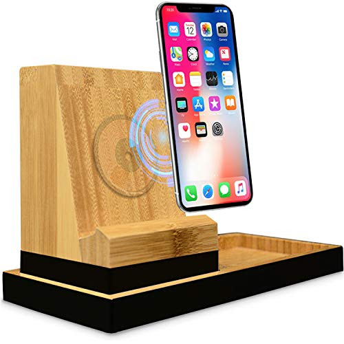 Wireless Charger, Charging Station, QI Wireless Charger, Fast Wireless Charger, Wireless Charging Stand, Bamboo Charging Station, Wood Charging Station with 10W Fast Charging Technology, 2 USB Ports